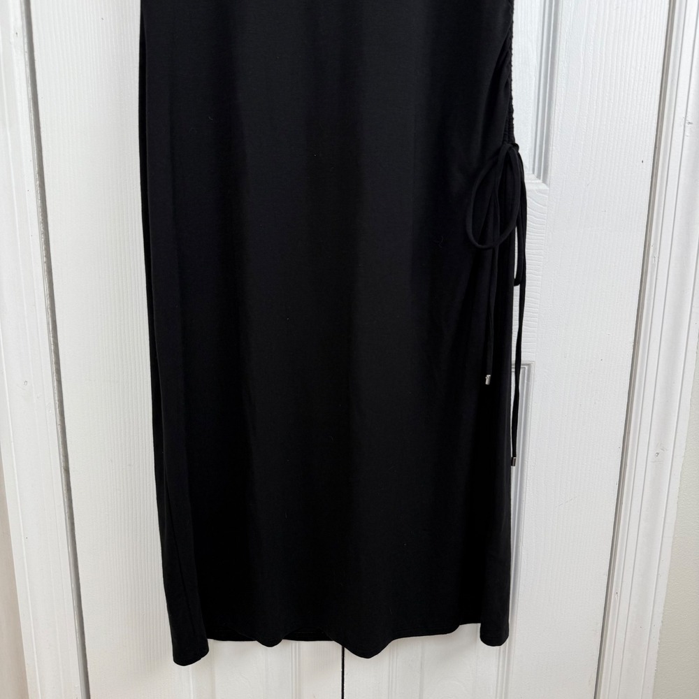 Theory Black Sleeveless Ruched Side Midi Dress L Stretchy Bodycon Classic Chic - Picture 2 of 9
